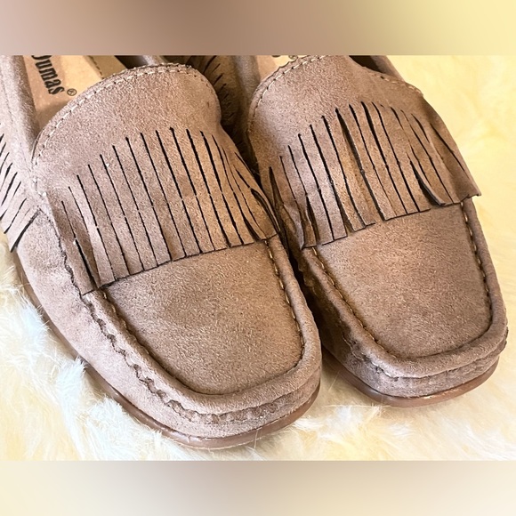Pierre Dumas - Taupe Tan Fringe Suede Moccassins Loafers Flats Slide On Shoes - Picture 3 of 11
